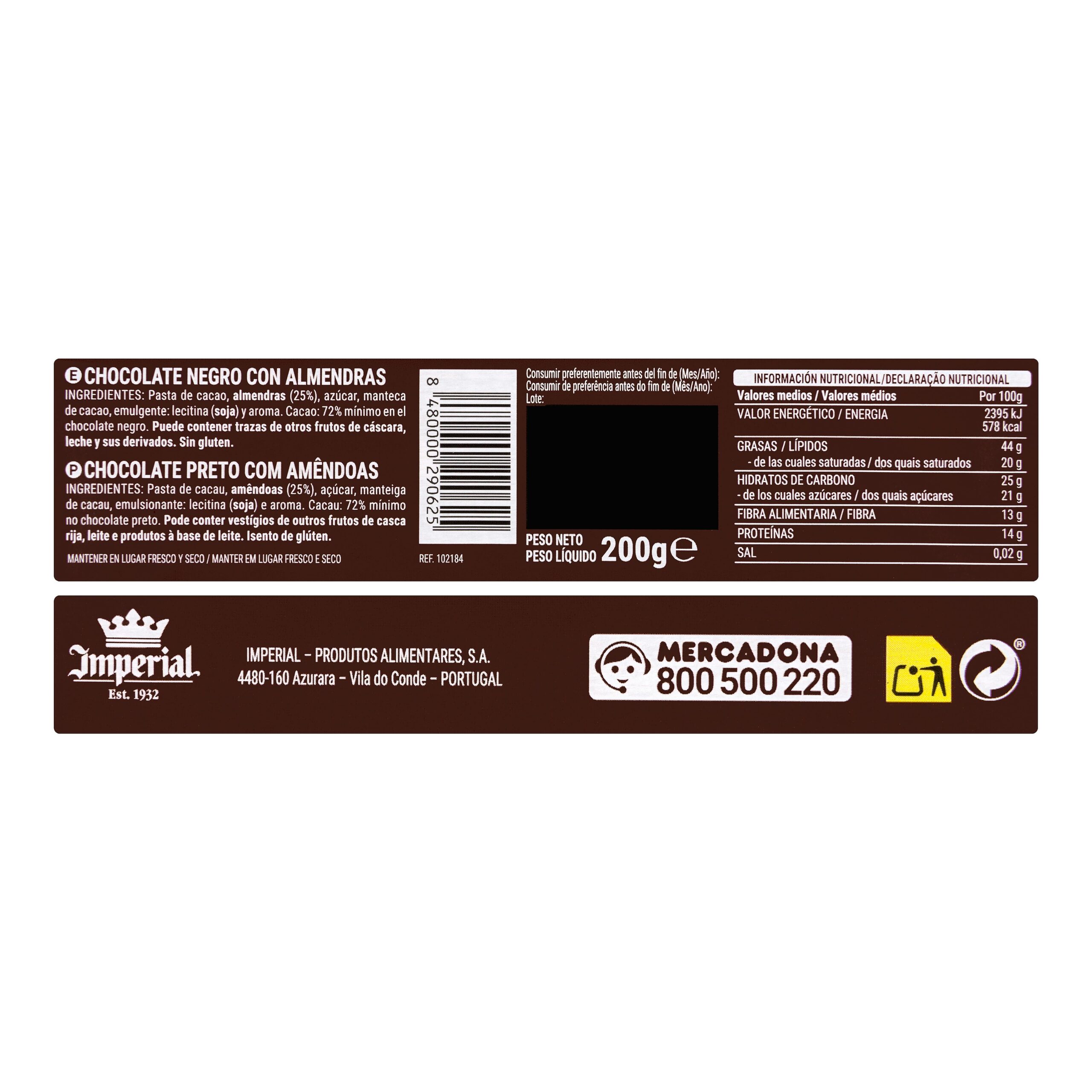 Etiqueta Chocolate negro 72% de cacao Hacendado con almendras enteras